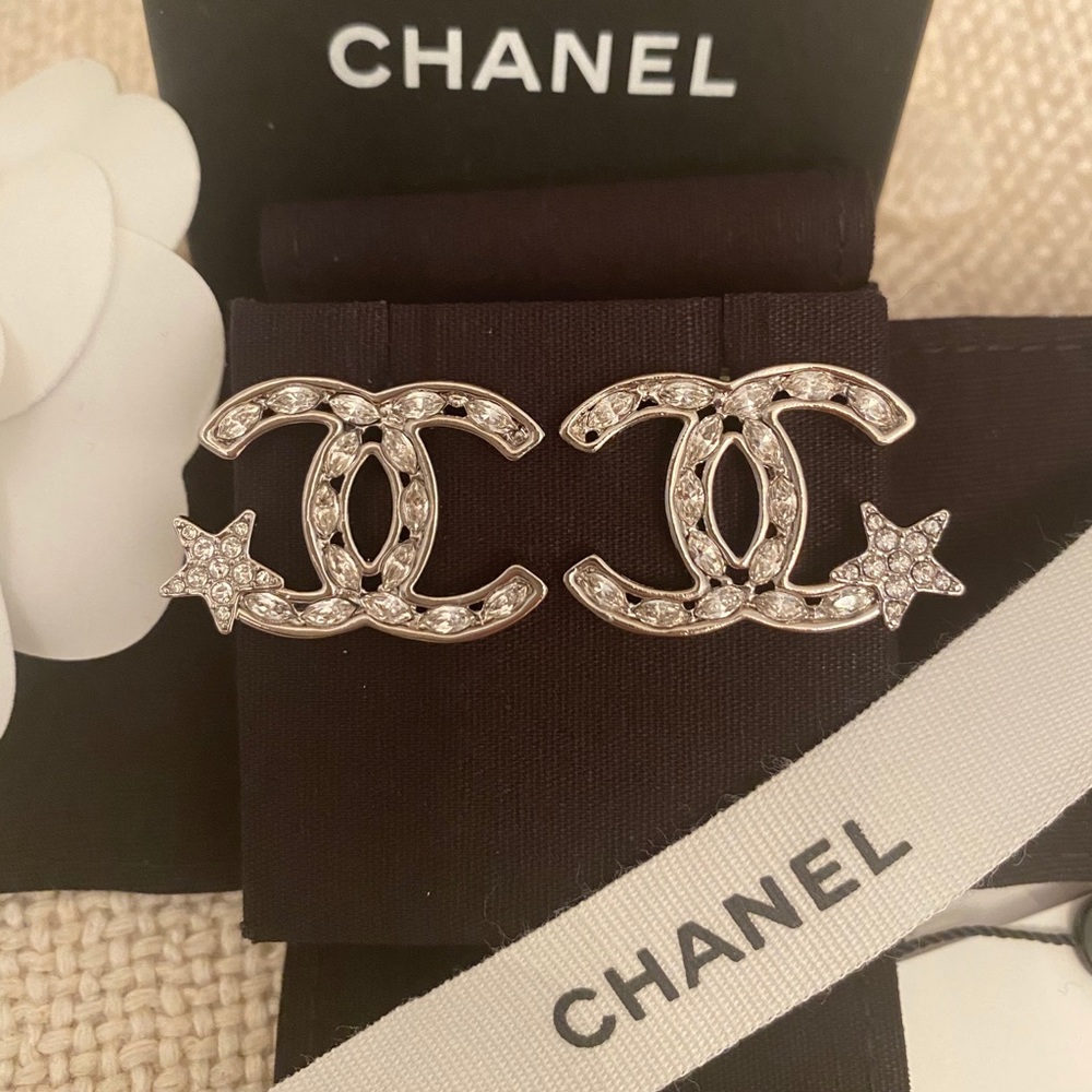 Chanel Silver Star Crystal Large CC Stud Earrings